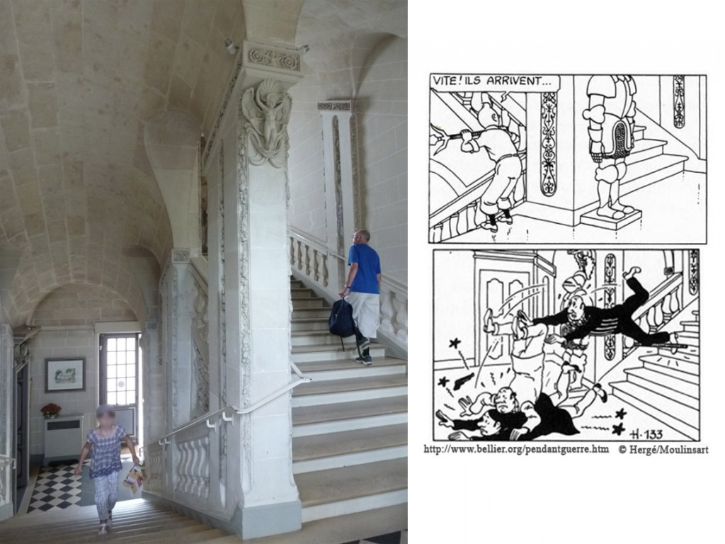 L'escalier du château de Cheverny/Scènes dans l'aventure Le secret de la licorne